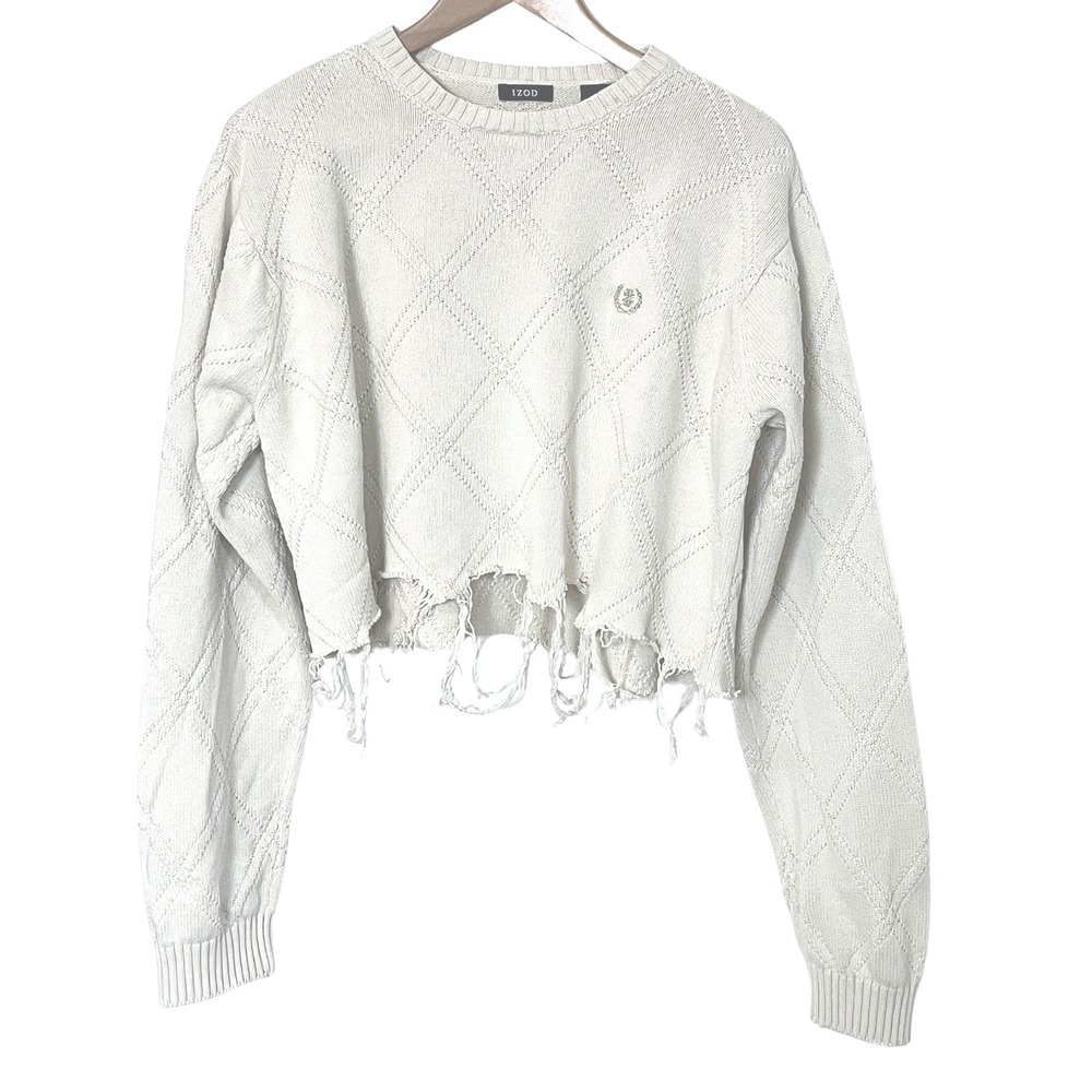 Vtg IZOD Grunge Y2K Distressed Knit Crop Raw Hem Sweater Top Beige Tan Womens L